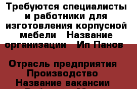 Требуются специалисты и работники для изготовления корпусной мебели › Название организации ­ Ип Панов › Отрасль предприятия ­ Производство › Название вакансии ­ Рабочий › Место работы ­ Пер. Станочный › Минимальный оклад ­ 10 000 › Возраст от ­ 23 - Оренбургская обл. Работа » Вакансии   